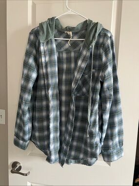 Plaid Hooded Shirt Jacket - Blue Green Plaid